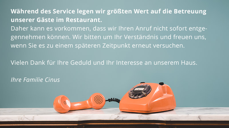 Während des Service legen wir größten Wert auf die Betreuung unserer Gäste im Restaurant. Daher kann es vorkommen, dass wir Ihren Anruf nicht sofort entgegennehmen können. Wir bitten um Ihr Verständnis und freuen uns, wenn Sie es zu einem späteren Zeitpunkt erneut versuchen. Vielen Dank für Ihre Geduld und Ihr Interesse an unserem Haus. Ihre Familie Cinus